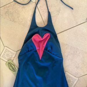 Etcetera maxi halter “pink heart” blue dress.